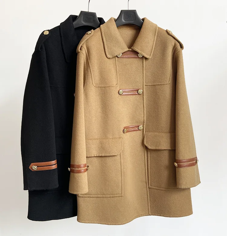 

2021 Fall and Winter Korean Womens Wool Overcoat Plain Double Breasted Turn-down Collar Short 100% Wool Coat for Ladies