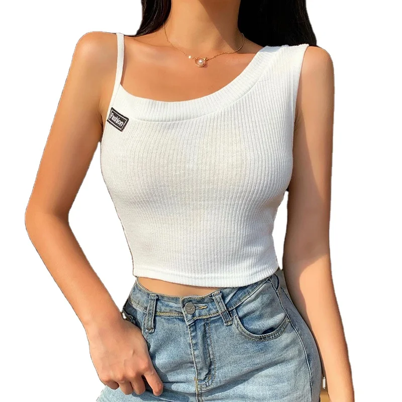 

Latest fashion design high quality custom asymmetrical neck white tank top ladies