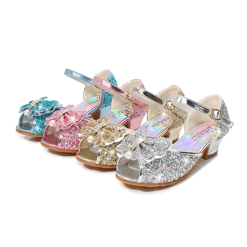 

New Design Kids Summer Shoes Children's High-heeled Sandals Girl Sequins Party Dress Shoes Baby Glass Slippers The Silver Shoes, 4 colors