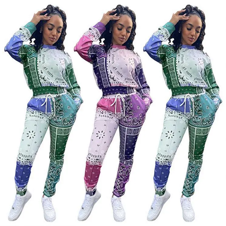 

Good Quality Splicing Round Neck Long Sleeve Casual 2 Piece Sweatsuit Set Women 2 piece sets