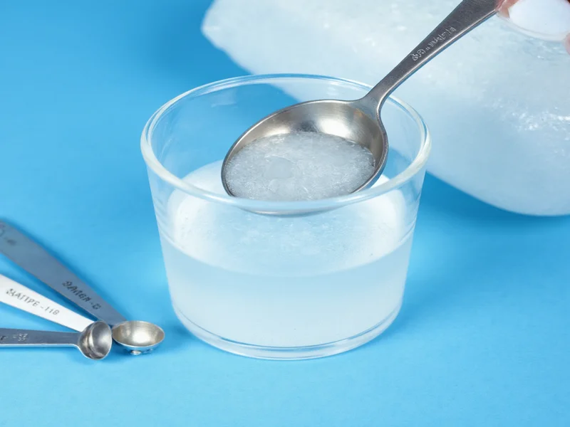 Mixing saline solution in sterile container with measuring spoons