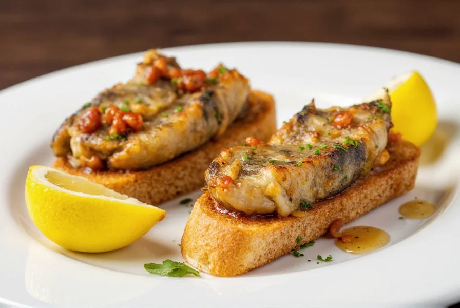 Sea Tales Sardines with Chili served on crostini with lemon wedges and fresh herbs
