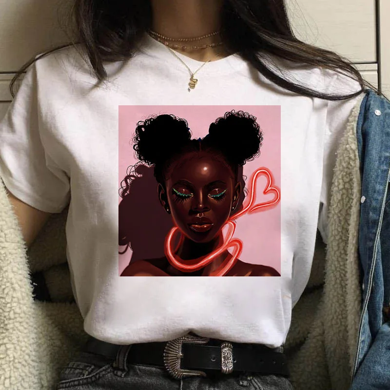

African curly girl Black Girl cartoon print short-sleeved T-shirt new super fire student top, Picture color