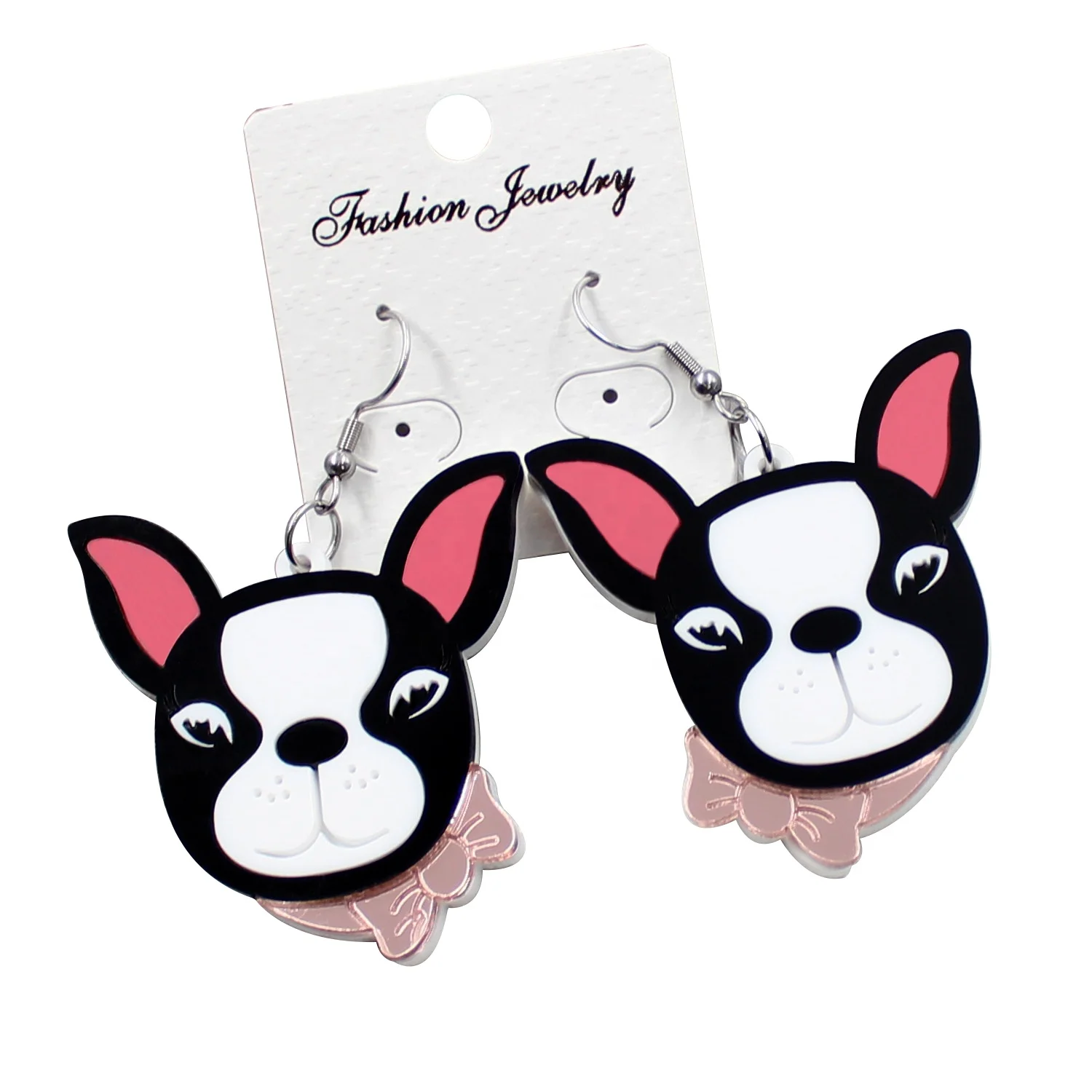 

HP038-French Bull Dog Dangle Earring Frencie With Bow Laser cut Women Acrylic Earrings, Picture