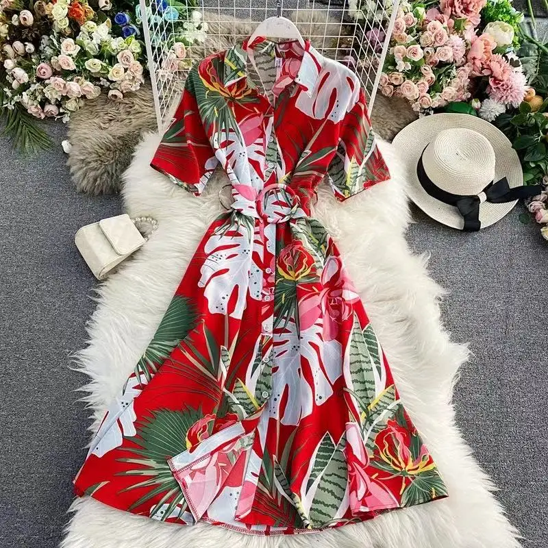 

Long Shirt Dress Women Party Dress Fashion Print Slender Elegant Knee -length Women Dress