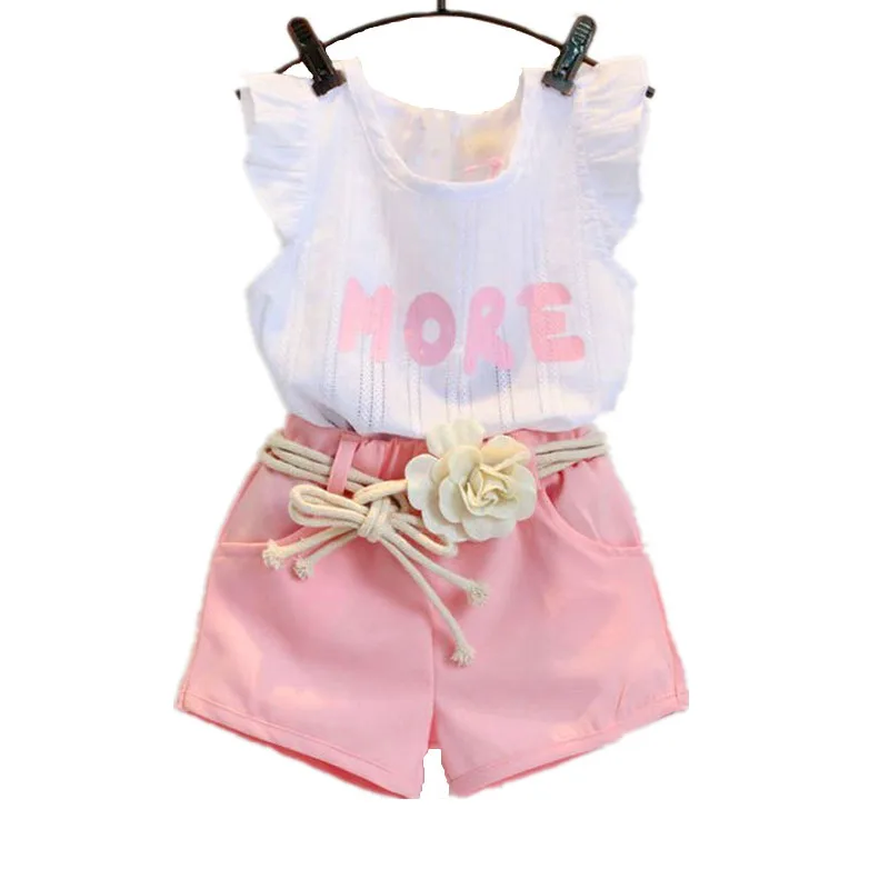 

RTS MORE Print Kid Cloth Girl White Flutter Shirt Girls Clothes Solid Pink Short Girl Children Wholesale Clothing With Belt, Different print cloth as pic as we show you
