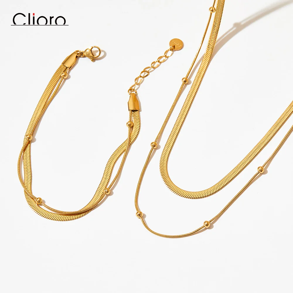 

Round Bead Snake Chain Double Layer Stacking Stainless Steel Necklace And Bracelet Jewelry Sets Valentine's Day Gift Ideas