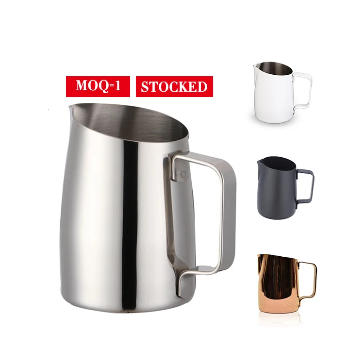 

Oem Personalized Pouring Pro Distributed Oblique Espresso Coffee Latte Metal Stainless Steel Frother Frothing Pitcher Milk jug, Black/white/blue/gold