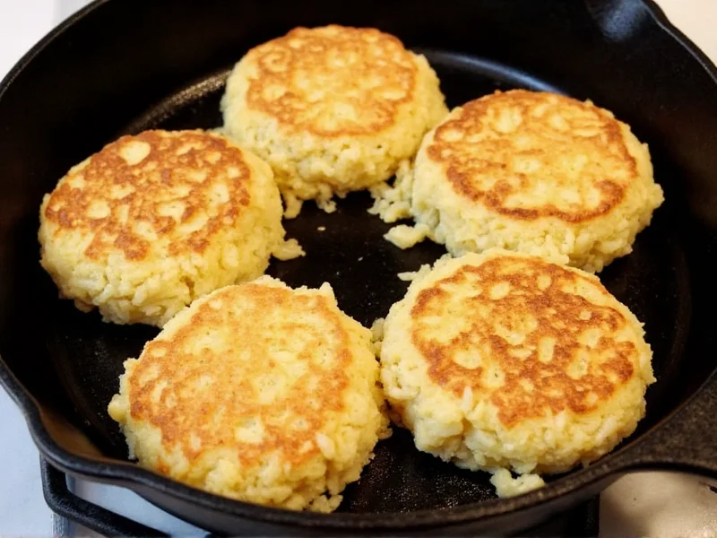 Homemade rice cakes golden brown in cast-iron skillet