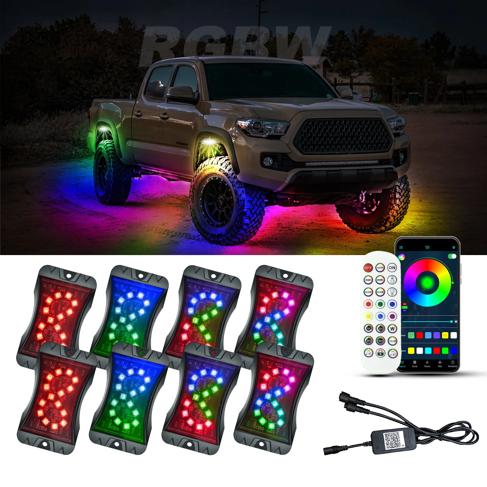 RGBW 6 Pods LED Rock Lights LED Neon Underglow Light for Car Truck ATV UTV SUV Offroad Boat Underbody Glow Trail Lamp white