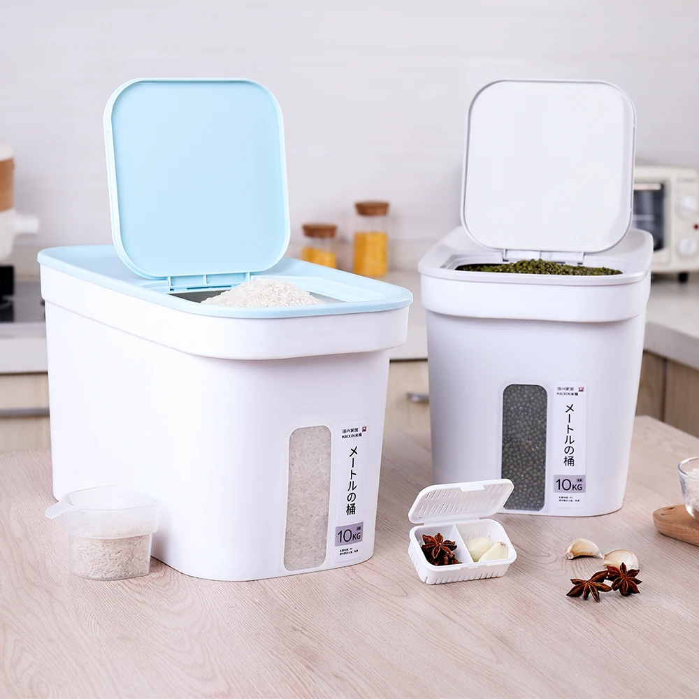 

Haixin Best Selling Plastic Rice Box Dispenser Food Storage Container with lid, White and blue, grey