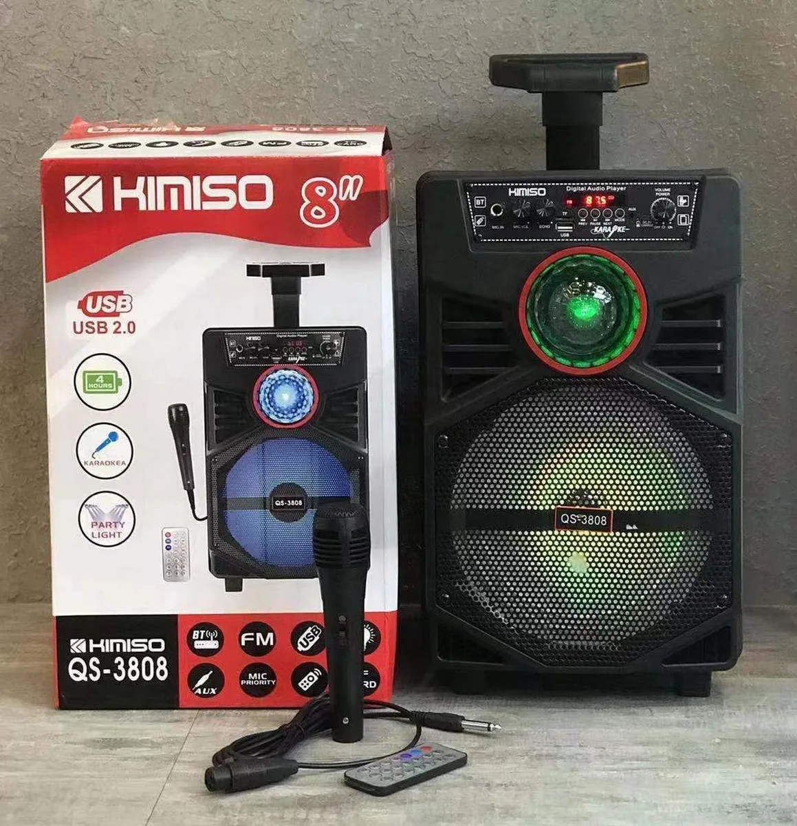 

QS-3808 Wholesale Speaker Box KIMISO 8inch Small Rod Speaker With Remote Control
