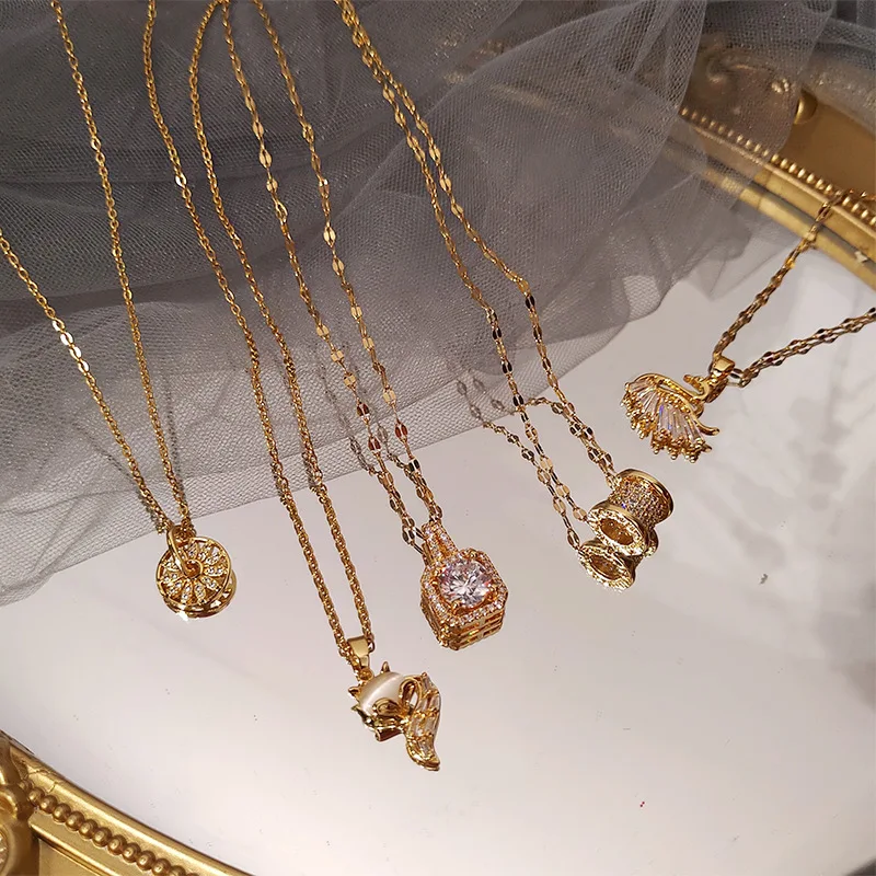 

14K Real Gold Plated Titanium Stainless Steel Statement Necklace Sets Colorful Zircon Cross Charm Heart Key Necklaces, Golden