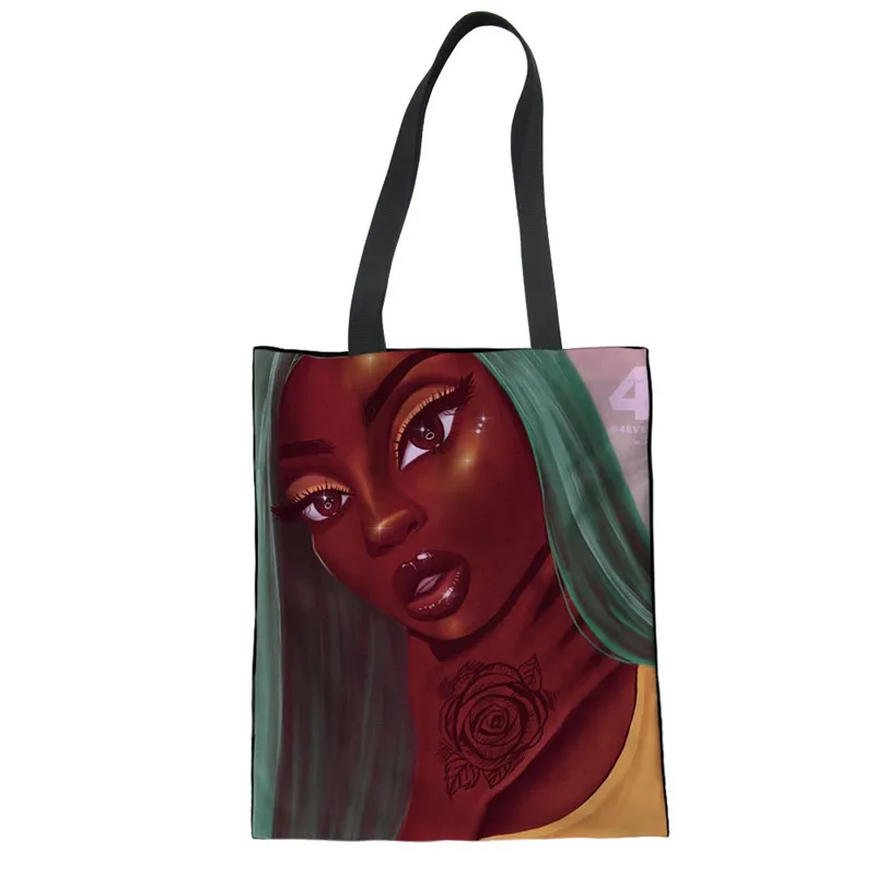 

African Girl Art Prints Women High Quality Luxury Custom Shopping Bag Canvas Tote Bag With Pocket