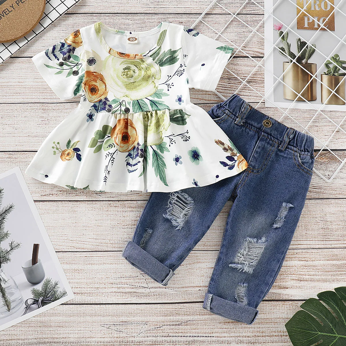 

Summer Spring Kid Floral Flower Short Sleeve Jean Beautiful Rose Flower Flounces Shirt Top Blue Jean Set Girl Children Cloth Set