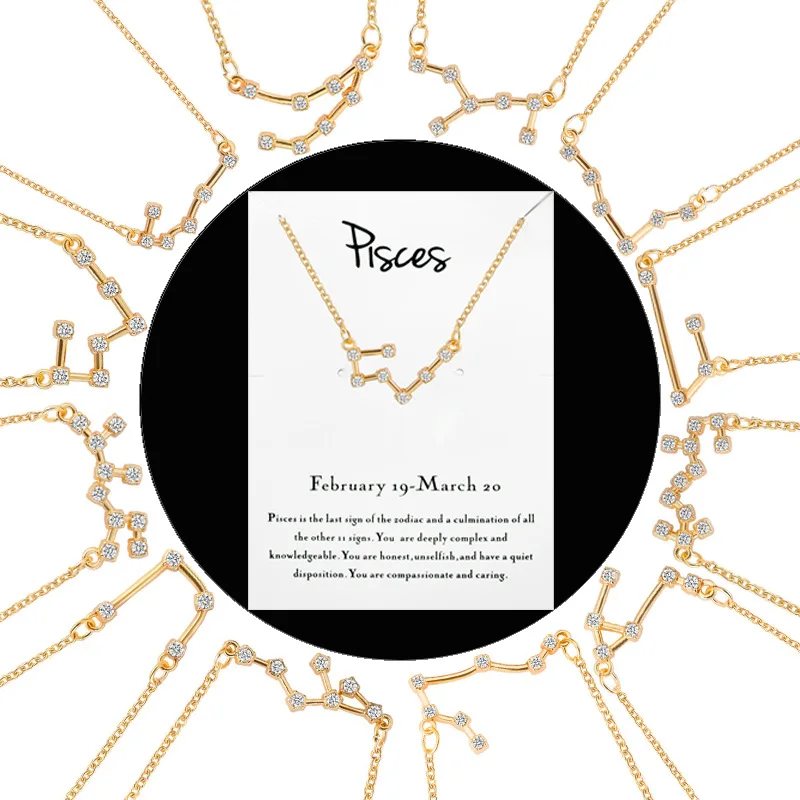 

Wish Amazon Hot Selling 12 Constellations Diamond Necklaces ins Zircon Pendants Zodiac Sign Necklace
