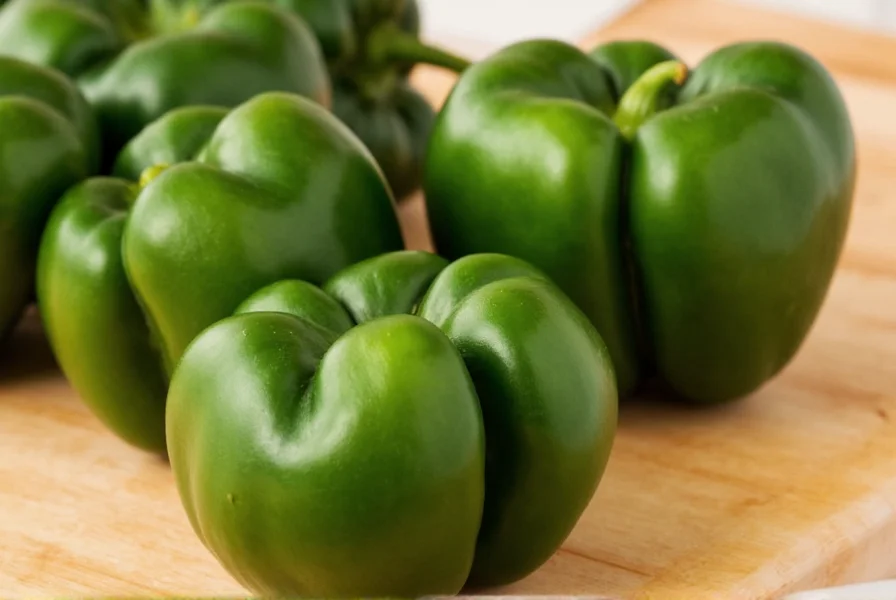 Close-up view of fresh poblano peppers showing their distinctive heart shape and dark green color on a wooden cutting board