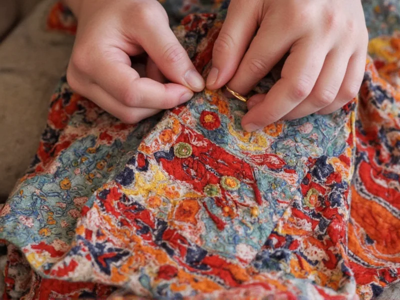 Close-up of hands embroidering cultural story cloth with recycled fabric