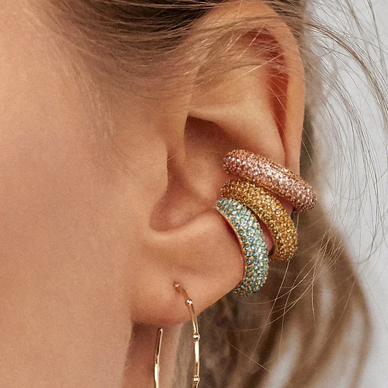 

Europe And America Hot Sale Huggie Ear Clip C-shaped Point Drill Alloy Colorful Rhinestone Glass Geometric Stone Bead Earrings