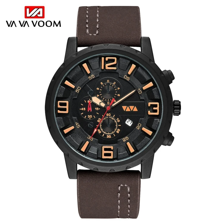 

VAVA VOOM VA-203 Simple Minimalistic Watch Leather Strap Analog Quartz Calendar Men Cheap Wrist Watches, As picture