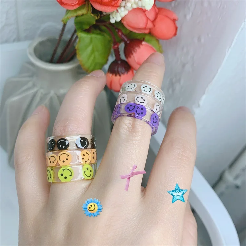 

New Fashion Acrylic Polymer Clay Rings Cute Smiley Face Resin Rings for Women Jewelry