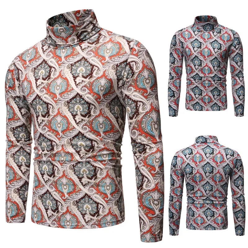 FJUN casual long sleeve warm turtle neck men all over print t shirt