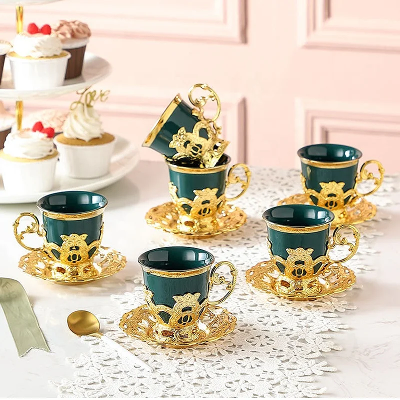 

2021 European Style Luxurious Turkish Gold Coffee Tea Set Cup and Metal Saucer Ceramic Mug Six Pieces Service for 6 Gift Set, Emerald green,pink,white