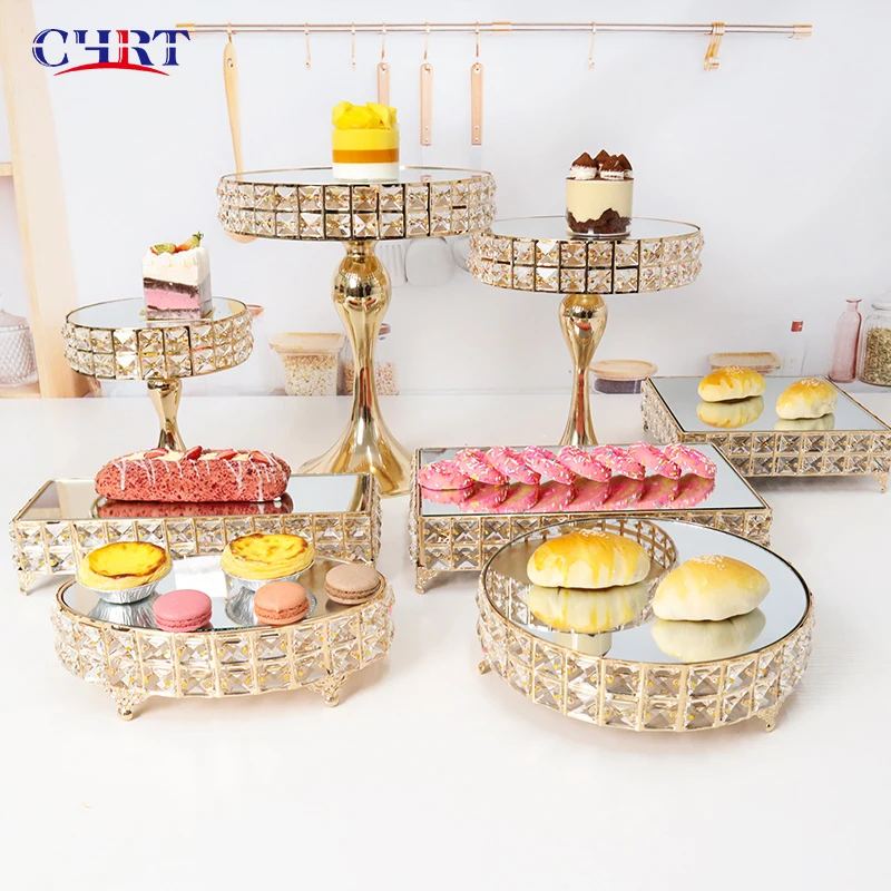 

CHRT Luxury Crystal Cake Stand 9 Pieces Gold Metal Cake Stand Set For Wedding Cakes Cupcake Decoration, Pink/white/customize