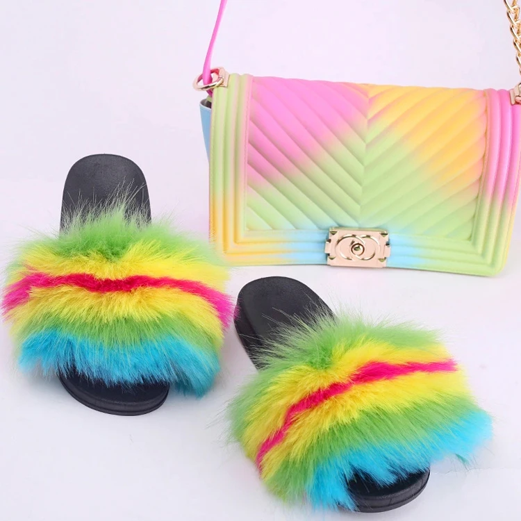 

Fox Fur Slides Fluffy Slippers Flat Sandal Purse bag Girl 2020 Hot Sale Summer Slipper for Women, Customized color
