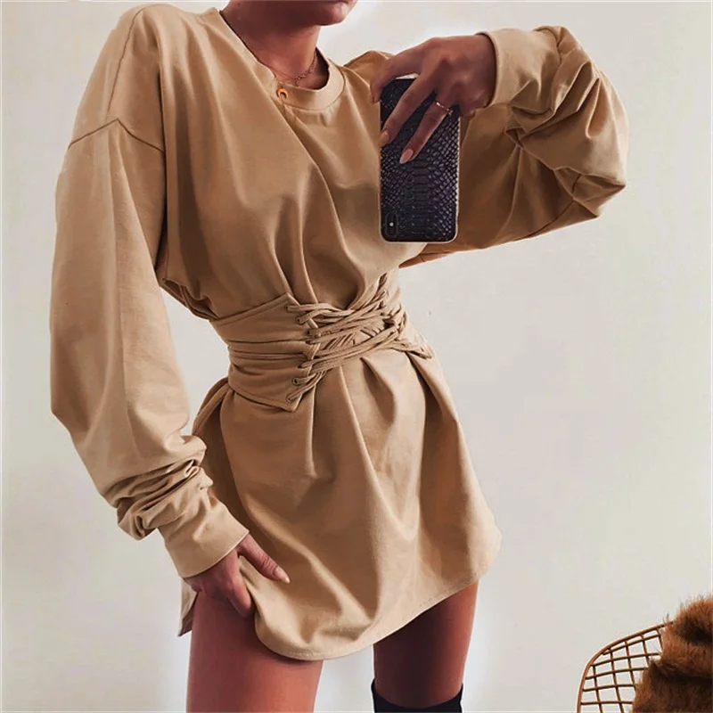 Autumn long sleeve hoodie dress with waistband 2019 newest o neck bandage shirt dress for girl