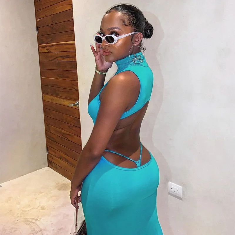 

2021 High Quality Pure Color Sexy Club Sleeveless Backless Long Skirt Summer Evening Party Dress For Women