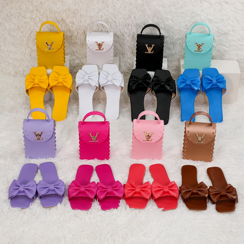 

Summer New Trends Jelly Mobile Phone Bag Bowknot Slippers 2 Piece Set Designer Handbags Famous Brands For Women Hand Bags 2021, 8 colors