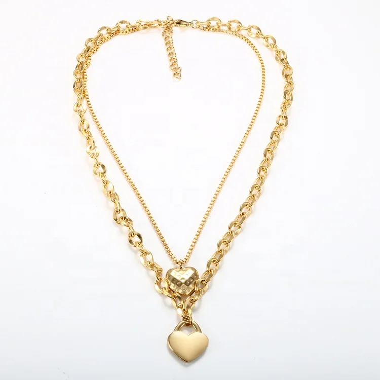 

Double Layer Ladies Necklace Stainless Steel Gold Plated Creative Heart Layered Necklace, Gold color