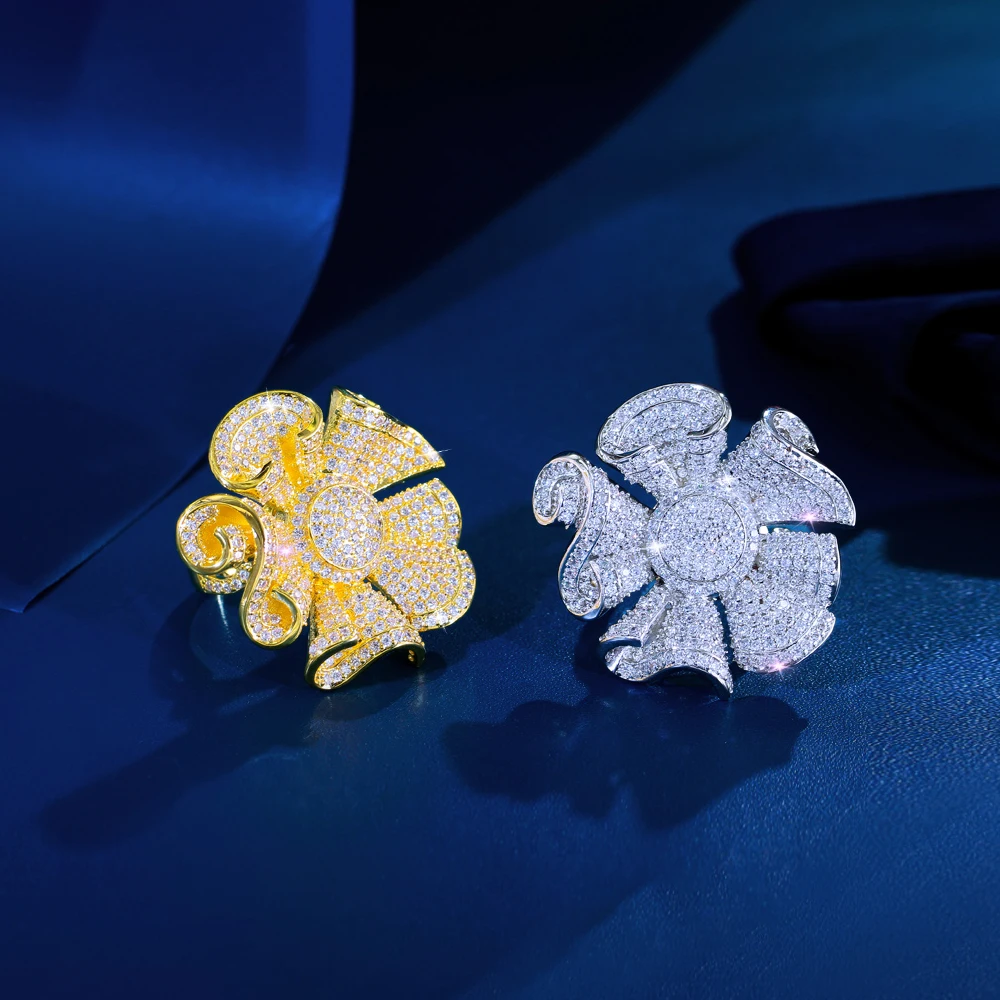Luxury Jewelry Cubic Zirconia White Gold Plated Statement Super Big Flower Ring for Women Wedding Engagement Prom Accessory