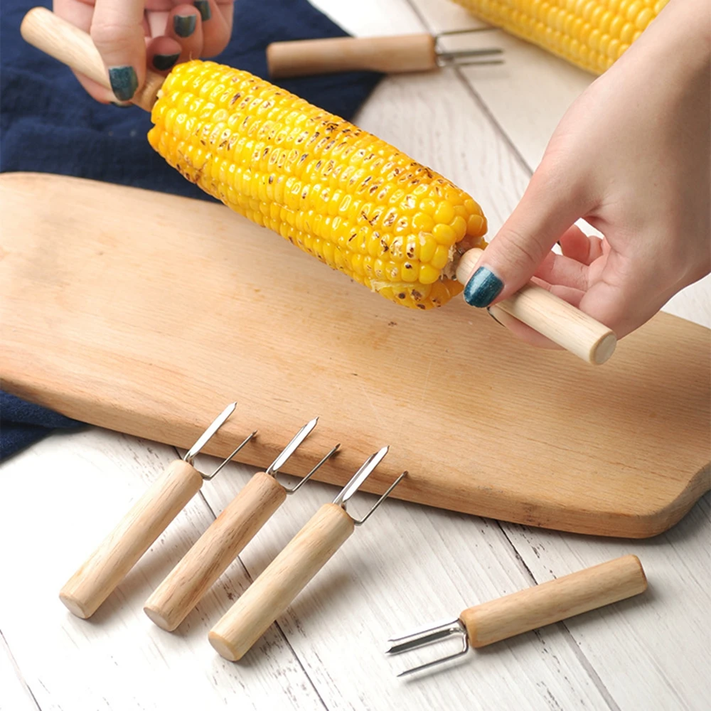 

Corn Holders Stainless Steel Corn on The Cob Holders Fruit Forks with Wood Handle for Home Cooking BBQ Tools, Wood color