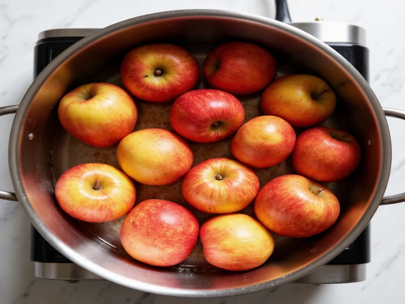 Fresh apples simmering in stainless steel pot