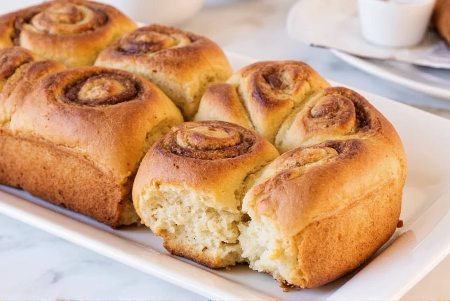 Close-up of protein cinnamon rolls with visible swirls, golden brown exterior, and protein powder ingredients arranged around them