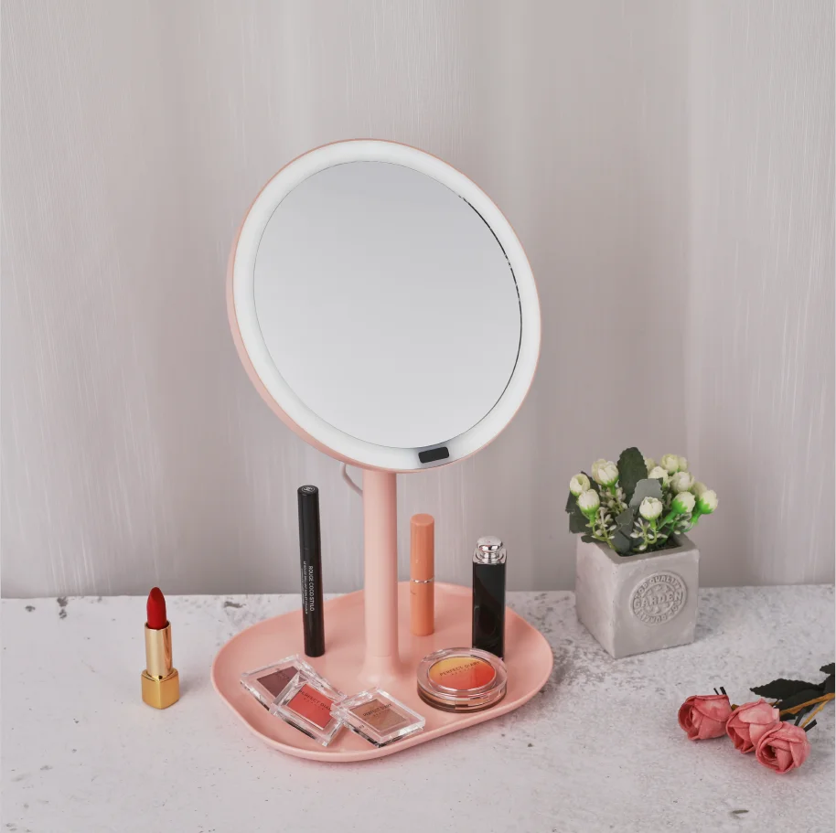 

Smart Touch Control Led Light Mirror with Infrared Sensor Beauty Vanity Stand Up Table Ring Led Vanity USB Use, Pink