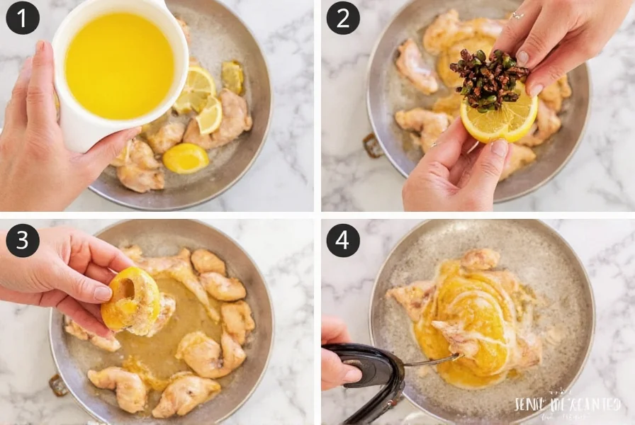 Step-by-step visual guide showing lemon juice extraction, pepper cracking, and chicken marinating process for homemade citrus pepper marinade