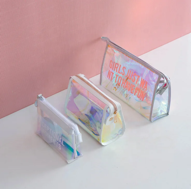 

Custom Women Fashion Transparent PVC Laser Waterproof Cosmetic Bag Portable Travel Makeup Purse Bath Wash bag, Assorted