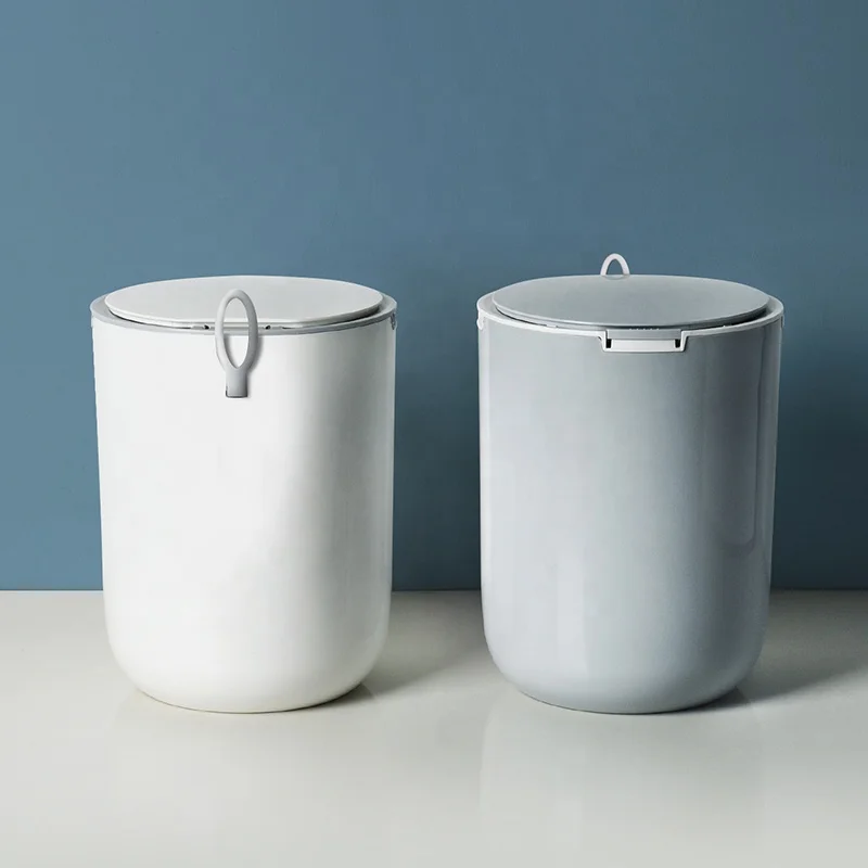 

Modern Indoor Plastic Small Round Portable Kitchen Trash Can For Recycle Hotel Restaurant Food Trash, Grey, white