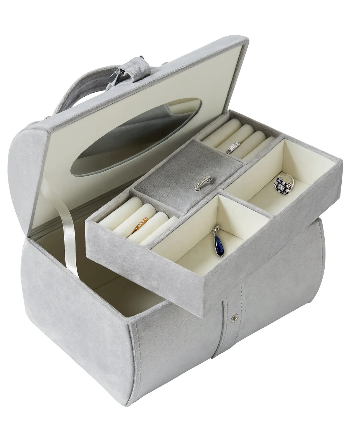 

2021 Portable Velvet Leather Jewelry Storage Box Double Layers Ring Holder Organizer Box with mirror, Gray