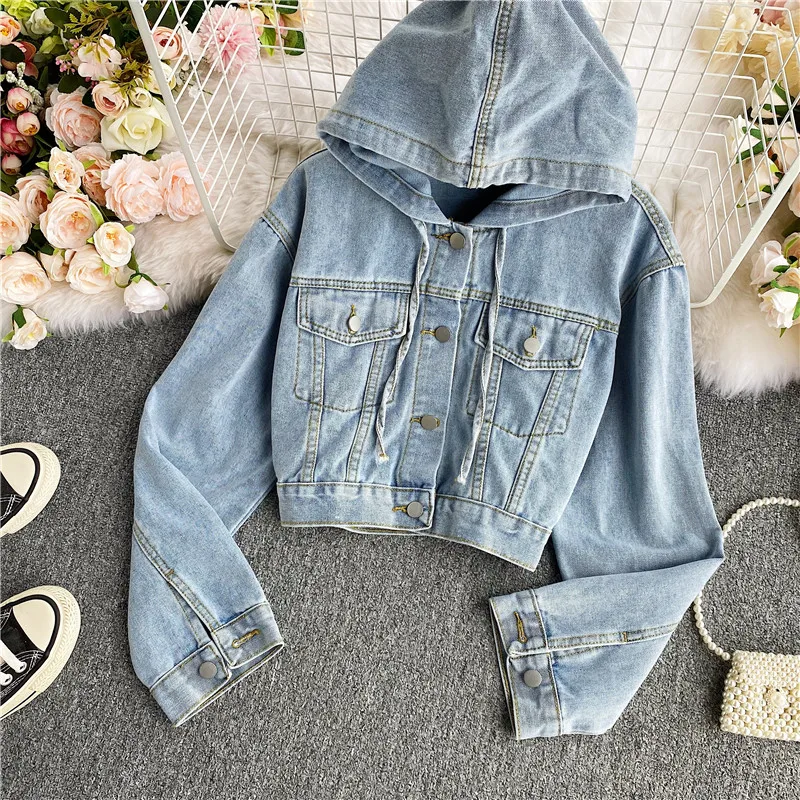 Hooded Cardigan Casual Versatile Retro Cowboy Denim Jeans Jacket Women