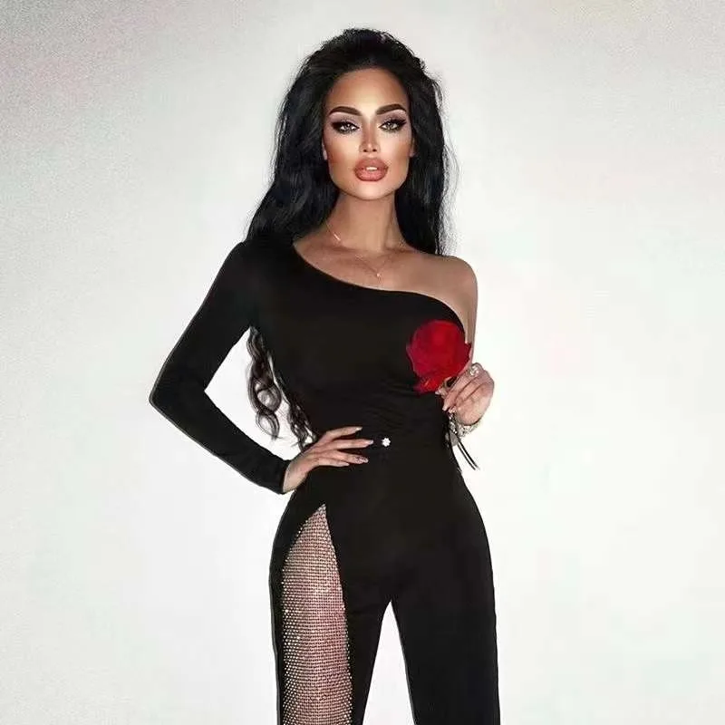 

BY2209 Sexy Bodycon Club Party Mesh One Shoulder Long Sleeve Jumpsuits Flared Trousers Knit Spring Women One Piece Jumpsuit