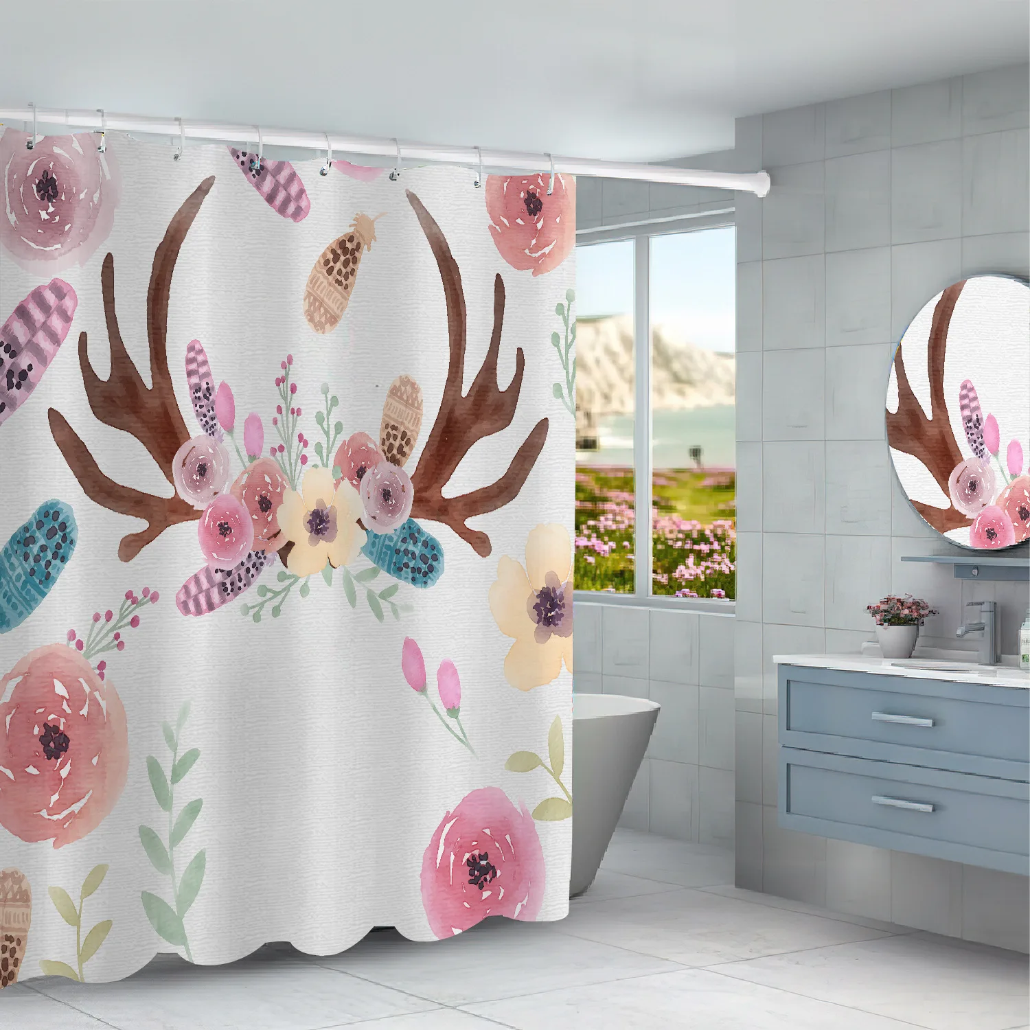

Simple Design Home Wholesale 3D Digital Printed Landscape Fabric Polyester Bath Shower Curtain From Hotel, Customer's request bath curtain