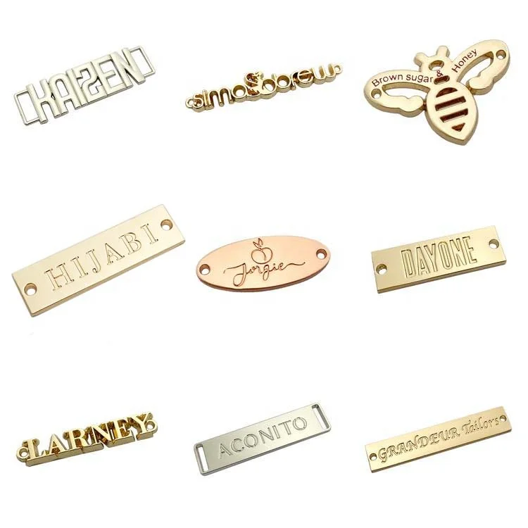 

European standard custom light gold plating brand name logo engraved metal garment label tags, Silver or custom