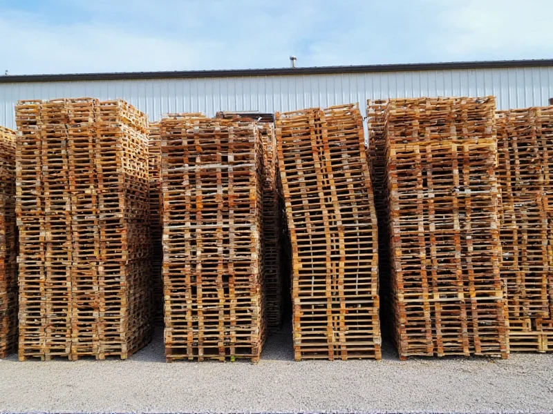 Stack of reclaimed wood pallets at community recycling center
