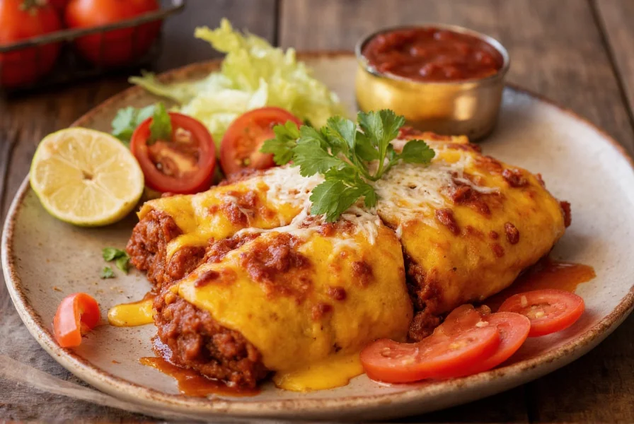 Plated authentic chili relleno with melted cheese oozing out, served with tomato sauce and traditional Mexican sides