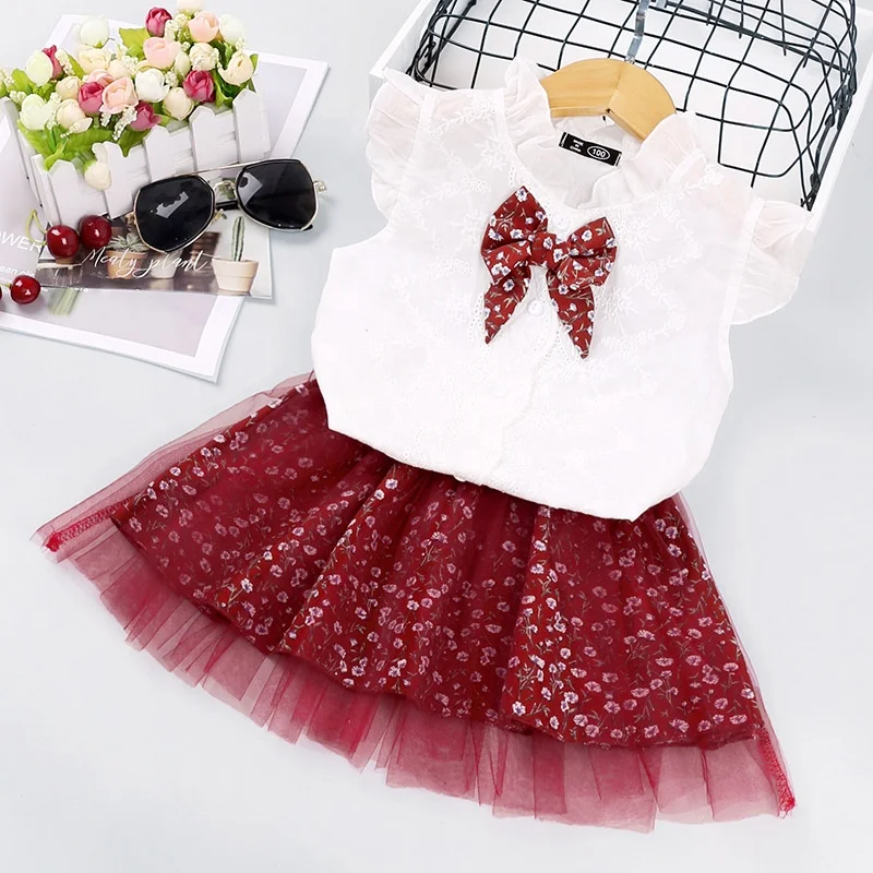 

B20226A Summer Hot sale girls skirt set fashion two piece mesh dress kids clothing, Shown