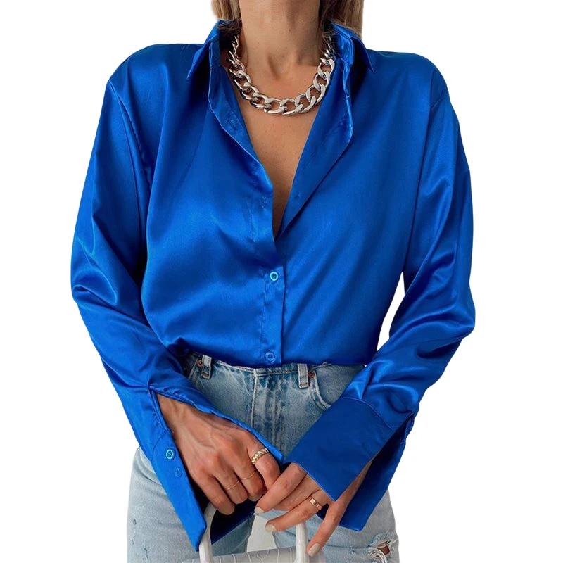 

Spring Solid Long Sleeve Blue Blouse Vintage Satin Shirt Elegant Fashion Women Tops 2022 Casual Loose Button Office Lady Clothes